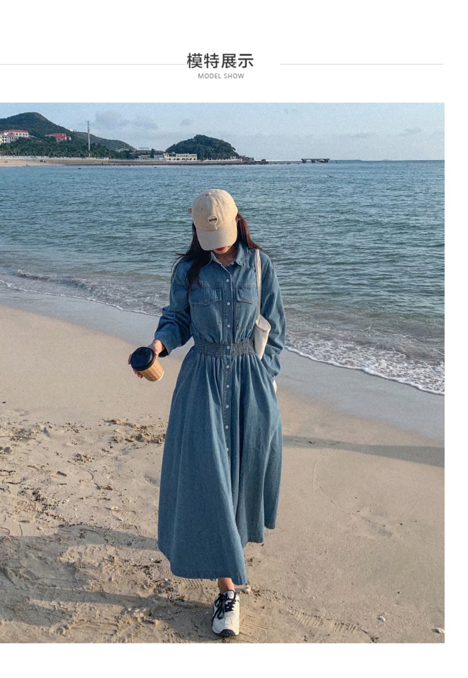 ロングワンピース デニム ウエストゴム入りシャツ襟長袖デニムロングワンピース