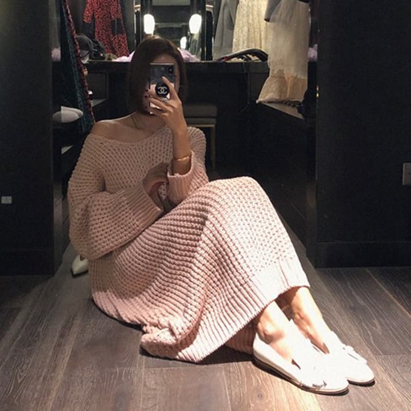 ロングワンピース ニット 肩見せデザイン編み目ロングワンピース