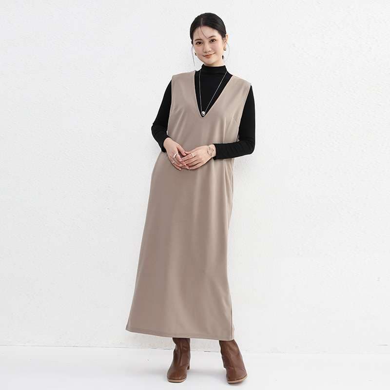 ロングワンピース シンプル深Vネックジャンパースカート
