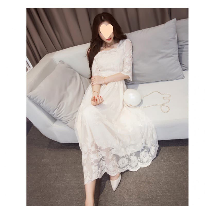 ロングワンピース 優美な花柄レース ミディ丈ワンピース