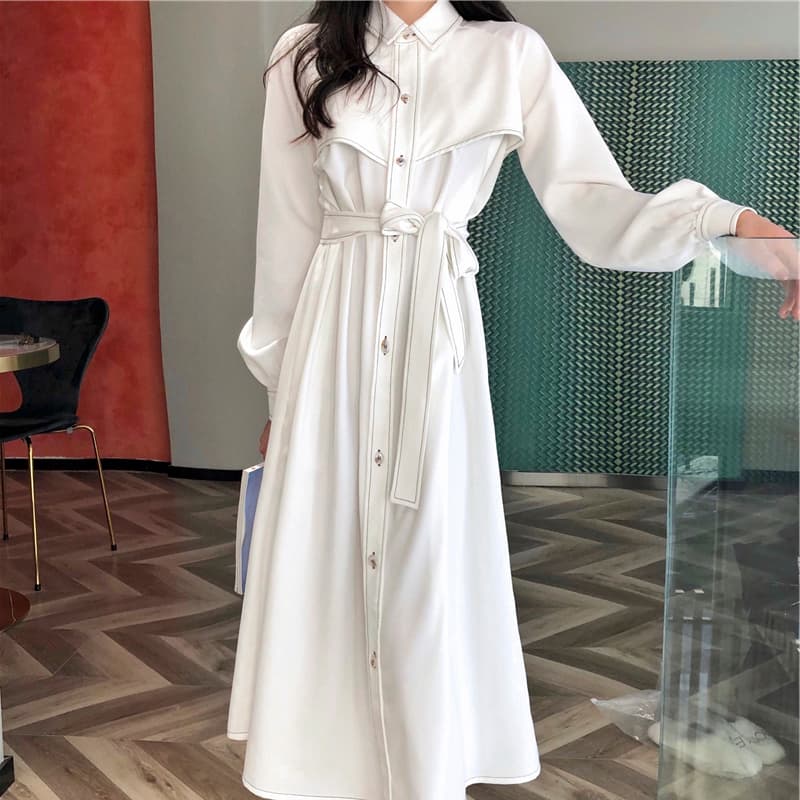 ロングワンピース シャツ ウエストリボンベルト付きロングシャツワンピース