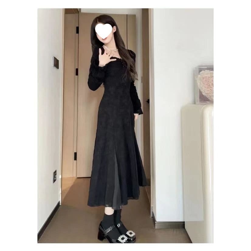 ロングワンピース レース編み込みクラシカルワンピース
