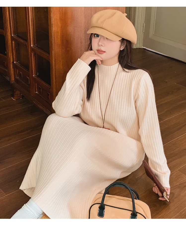 ロングワンピース ふんわり優美なリブ編みハイネックニットワンピース