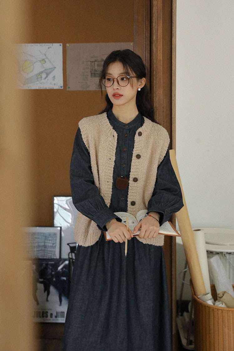 ロングワンピース ゆったりデニムギャザーワンピース