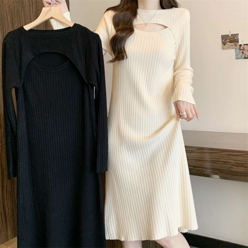 ロングワンピース 胸元カットデザイン リブニットワンピース
