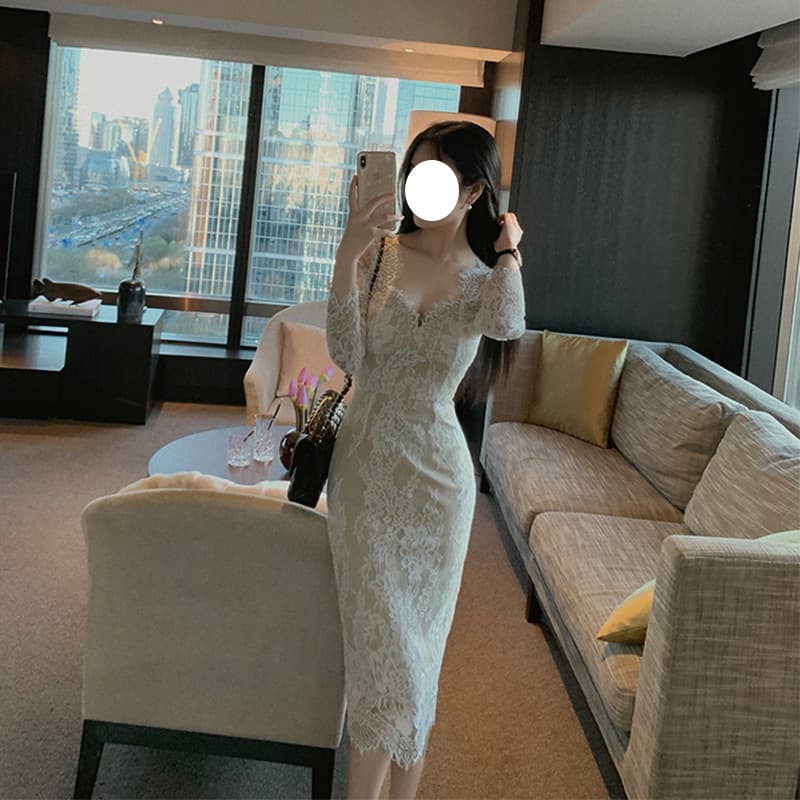 ロングワンピース 優美なレース花柄フルレングスワンピース
