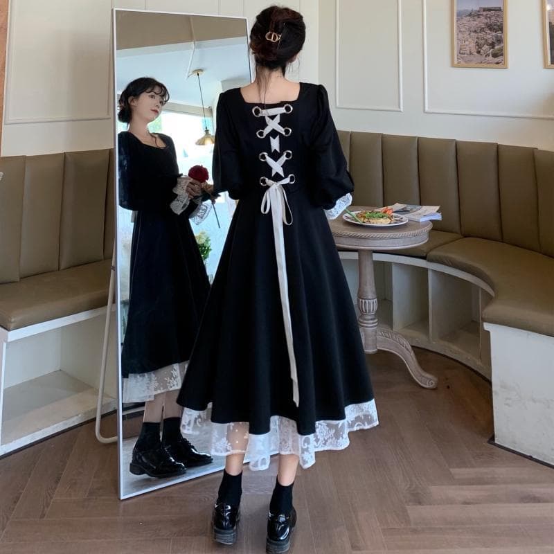 ロングワンピース 背中リボン レース切替 姫袖ワンピース