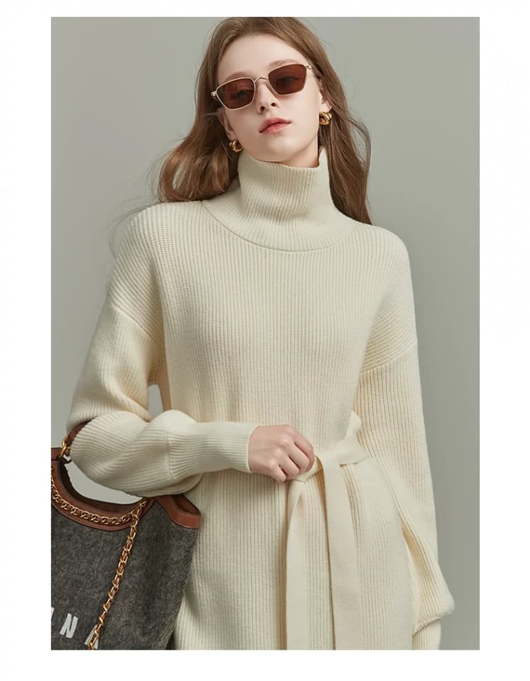 ロングワンピース タートルネック リブ編みウエストマークタートルニットワンピース