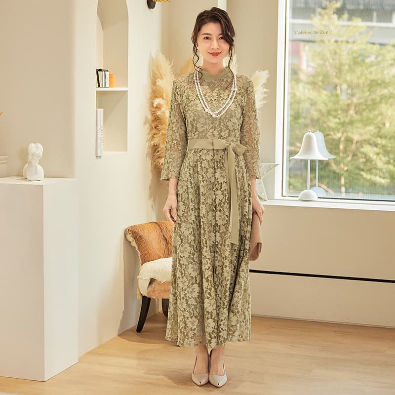ロングワンピース シンプルリュクス総レース ワンピース