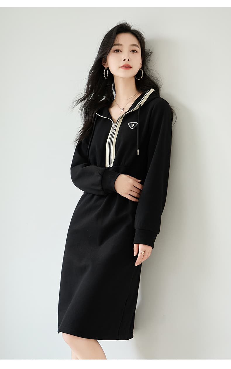 ロングワンピース スウェット ハーフジップ フード付きロングワンピース