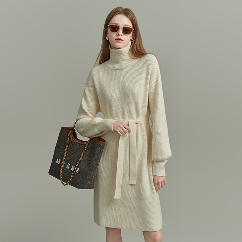 ワンピース タートルネック リブ編みベルト付きタートルネックワンピース