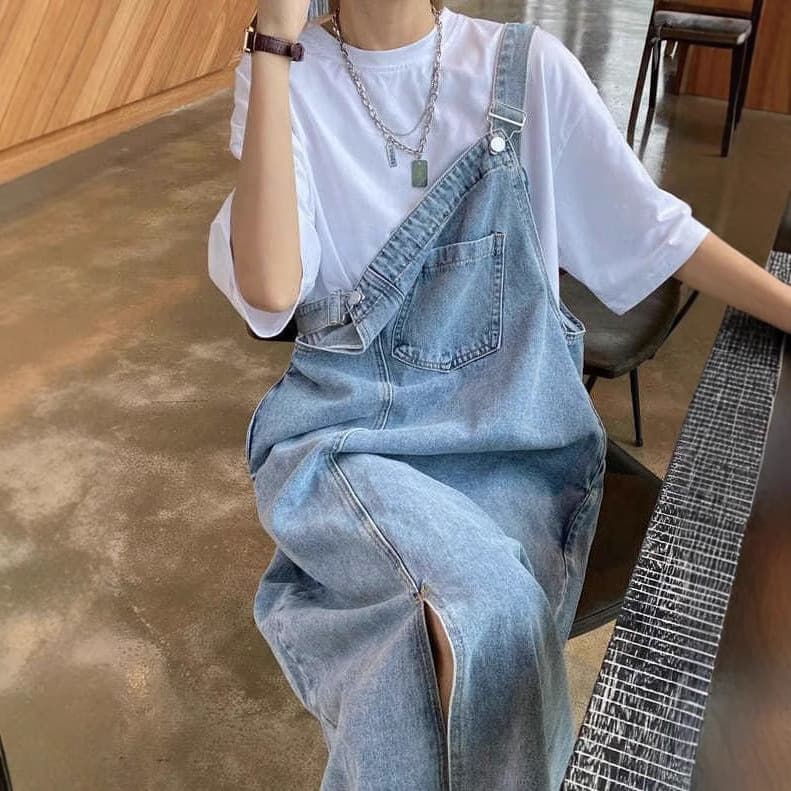 ロングワンピース ゆったりデニムサロペットワンピース