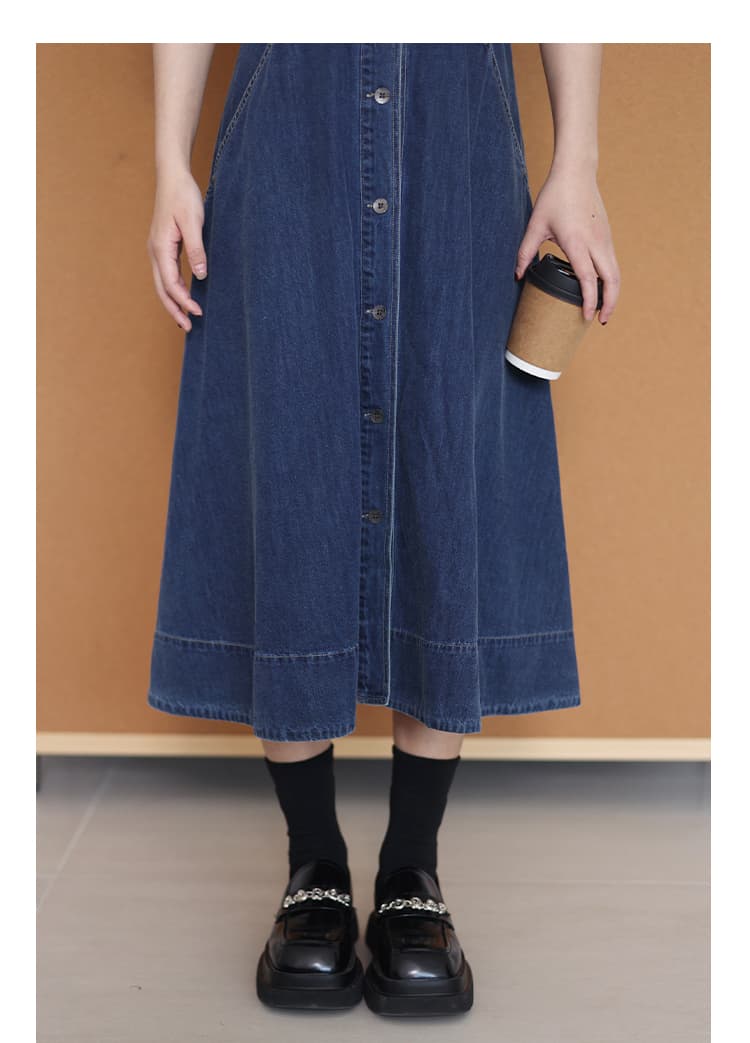 ワンピース デニム レトロ襟付き前開きデニムワンピース