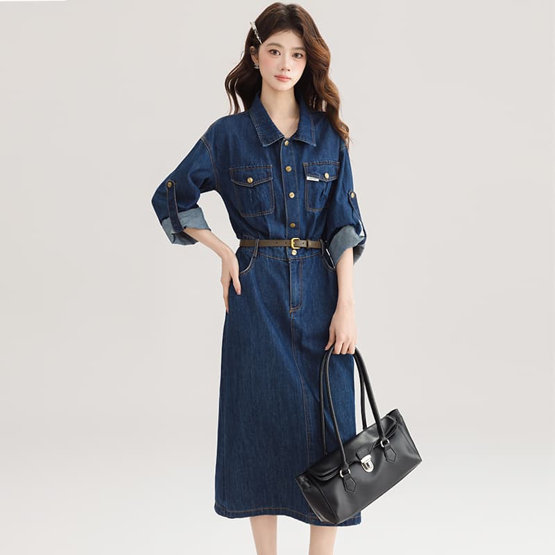 ロングワンピース デニム クラシカルロールアップデニムワンピース