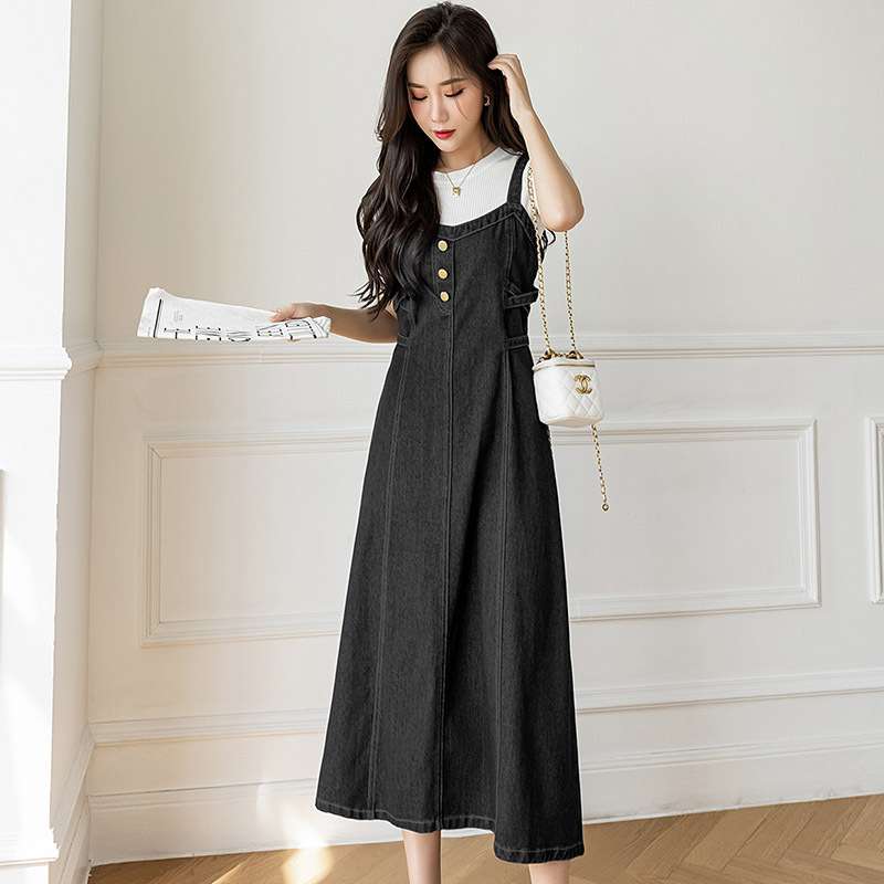ロングワンピース シンプル優美デニムサロペットワンピース