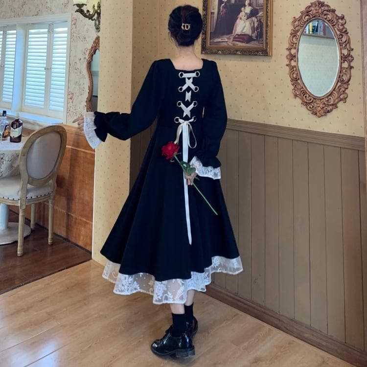 ロングワンピース 背中リボン レース切替 姫袖ワンピース