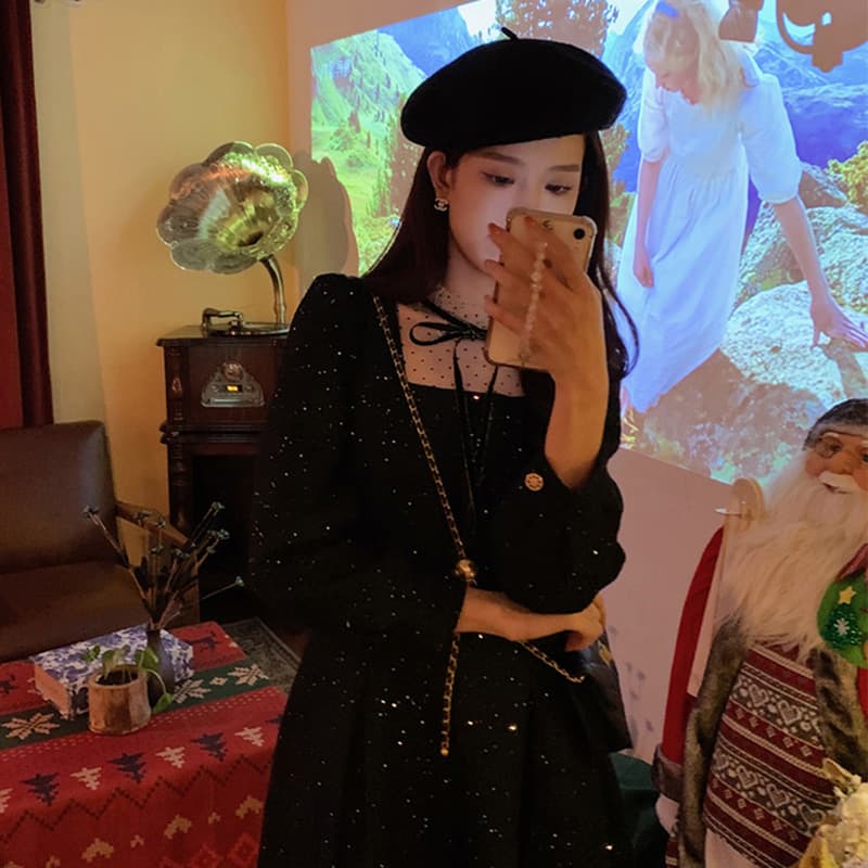 ロングワンピース レース ドットチュールレースリボン付きベロアロングワンピース