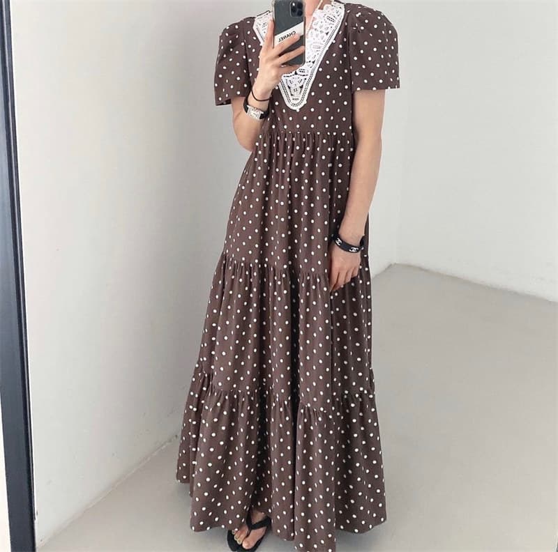 ロングワンピース 復古風透かし彫り襟付き半袖ドット柄シャツワンピース