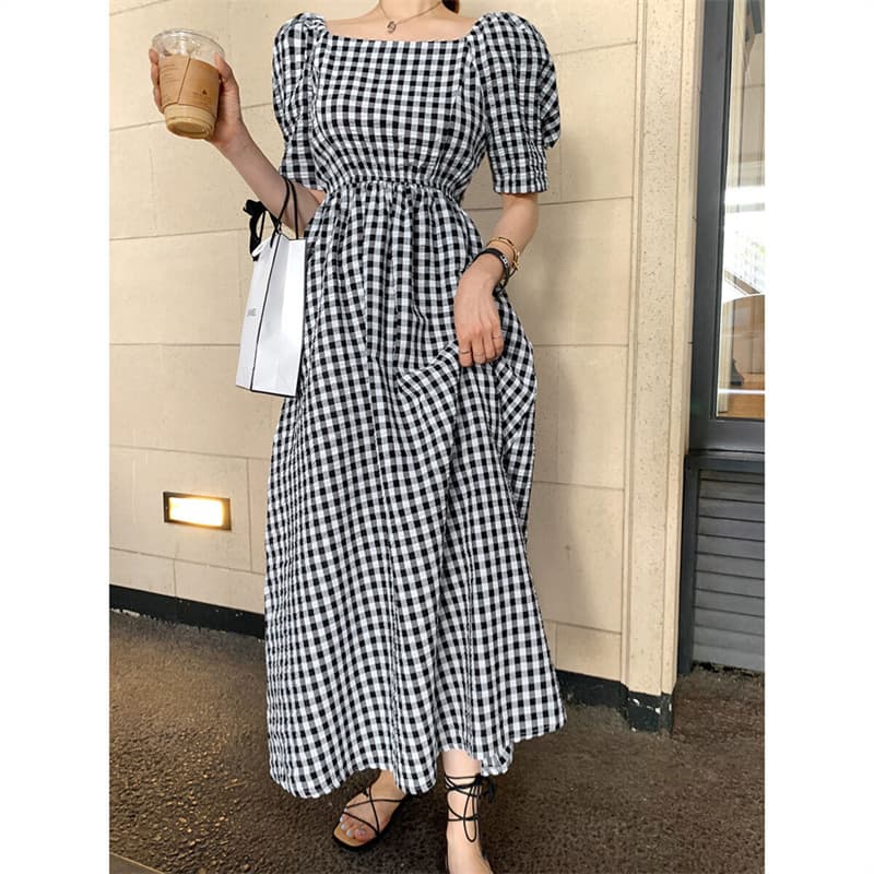 ロングワンピース 夏新作 ギンガムチェック パフスリーブ オフショルダー ノースリーブ ワンピース