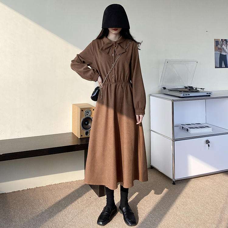 ロングワンピース シンプル襟付きギャザーワンピース