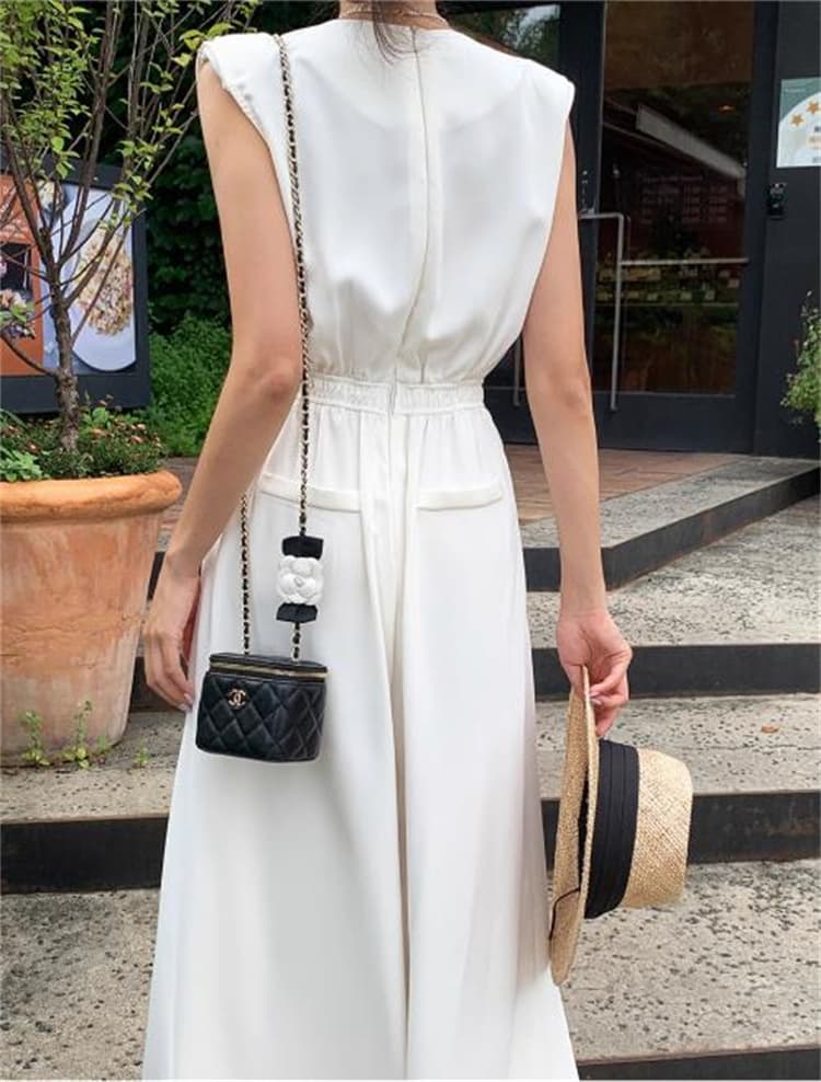 ロングワンピース 夏用ブイネックノースリーブウエスト絞りスリット入りワンピース