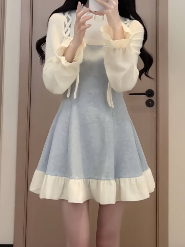 ロングワンピース 姫系リボンレース飾り付きティアードワンピース