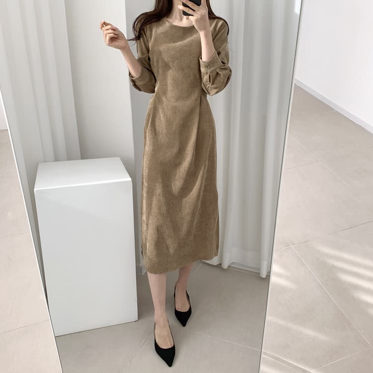 ロングワンピース シンプル コーデュロイ マキシ ワンピース ウエストマーク