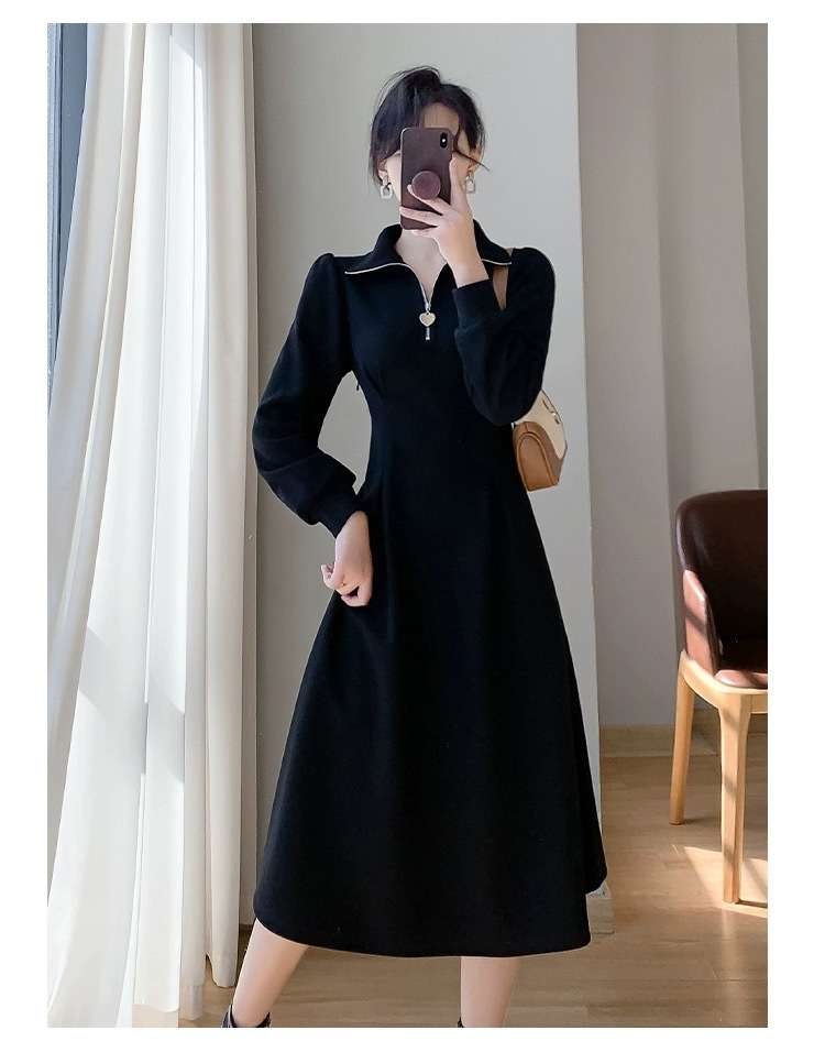 ロングワンピース ジップスタンドカラーニットワンピース