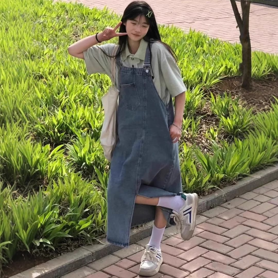 ロングワンピース ゆったりデニムサロペットワンピース