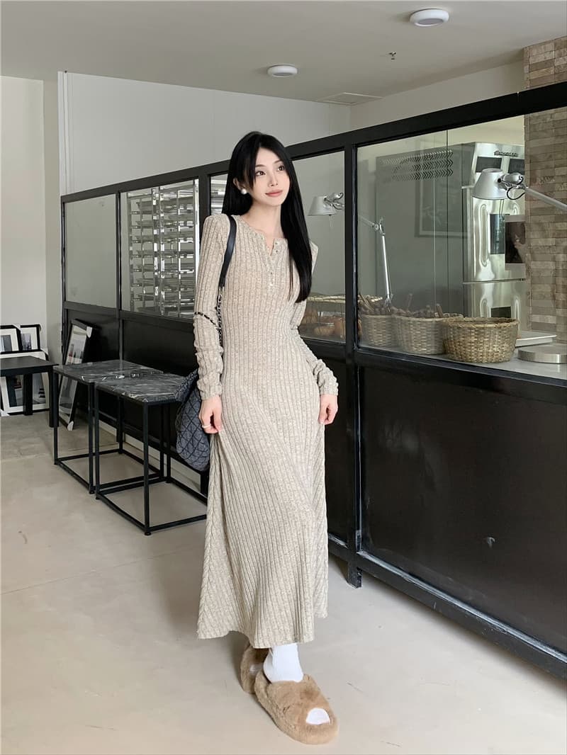 ロングワンピース リブ編みロマンチックワンピース