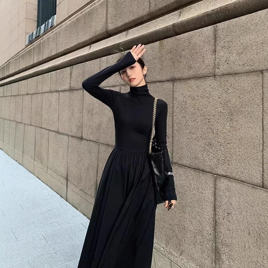 ロングワンピース タートルネックニットロング