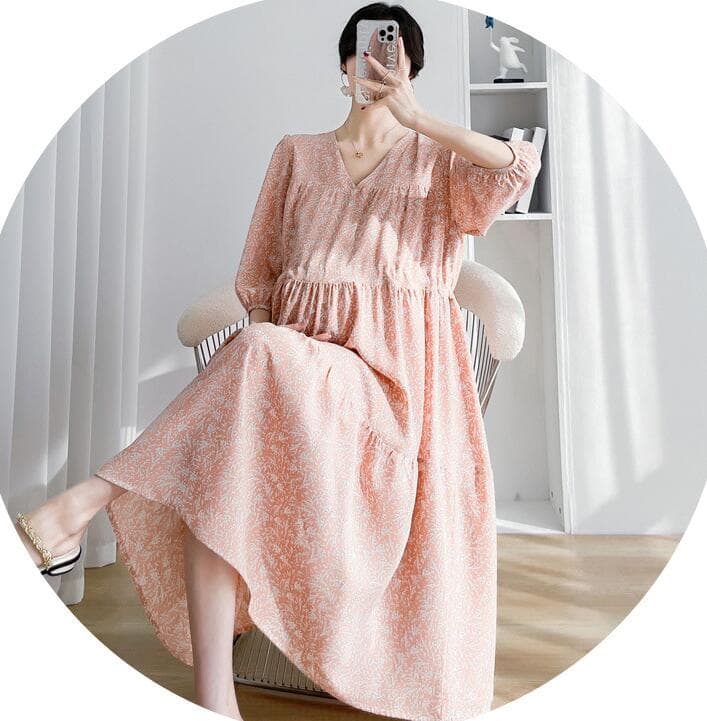 マタニティ対応レース花柄ロングワンピース ブイネック 二色展開