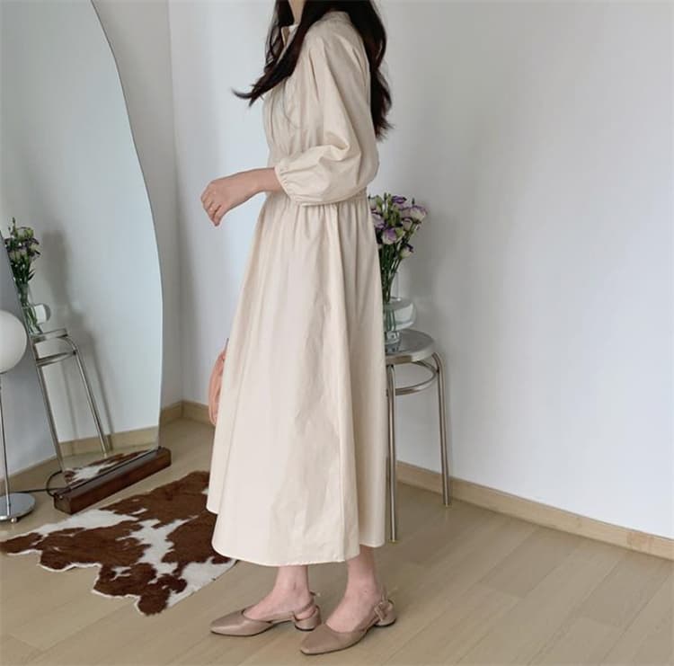 ロングワンピース 深襟シャツワンピース ウエストマーク ロング丈 上品シンプル
