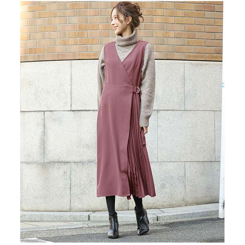 ロングワンピース プリーツ切替とろみワンピース