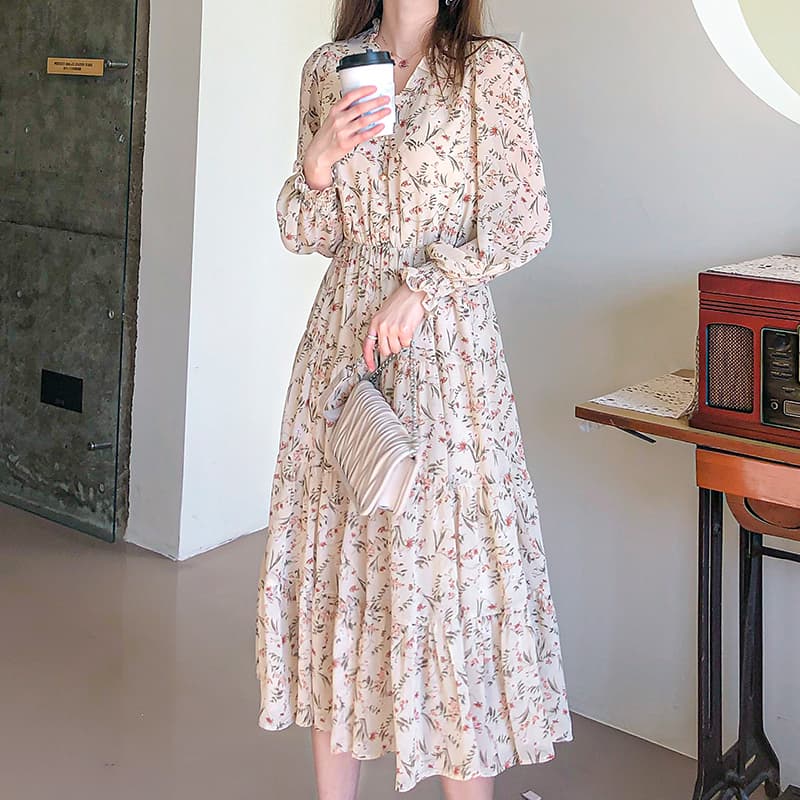 ロングワンピース レース 花柄レース入りフレアロングワンピース