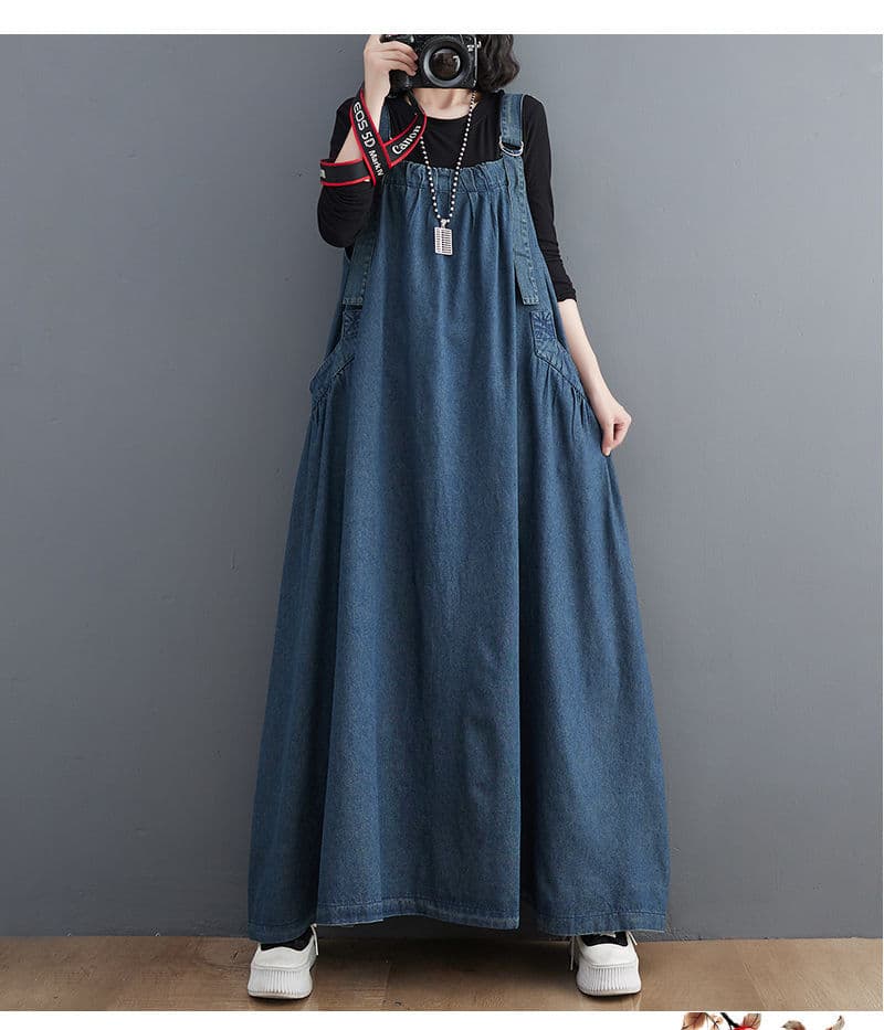ロングワンピース ゆったりデニムサロペットワンピース