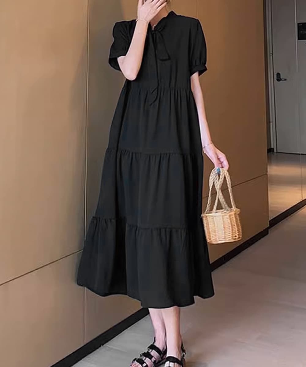 レース付きリボンタイ ティアードロングワンピース ミモレ丈