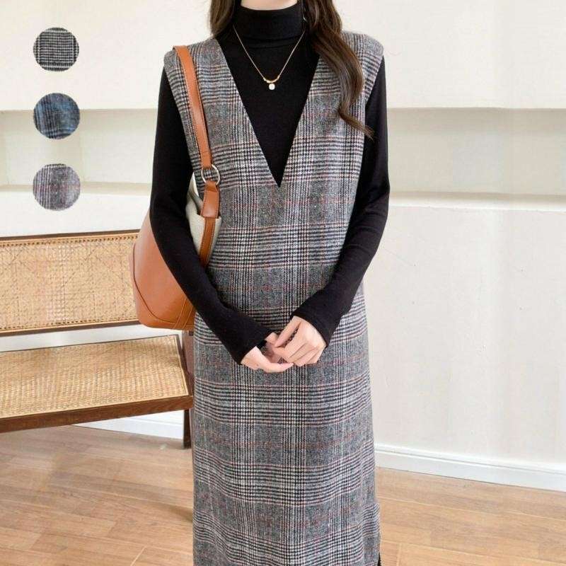 ロングワンピース シンプル格子柄ジャンパースカート