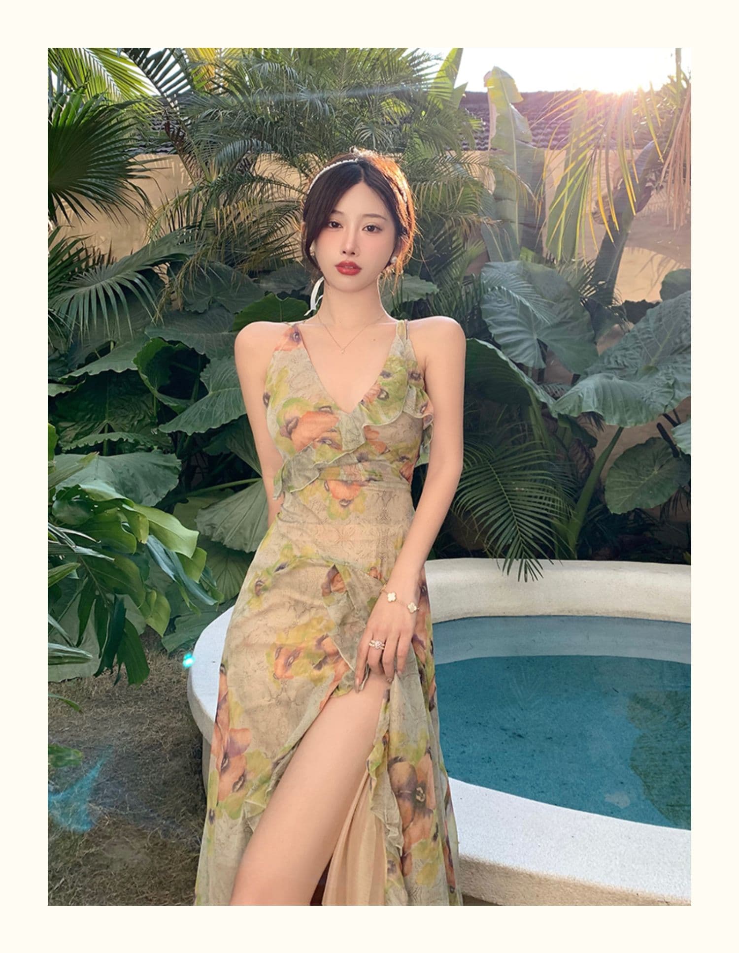 ロングワンピース キャミ 花柄シフォン素材サイドスリット入りキャミソールワンピース