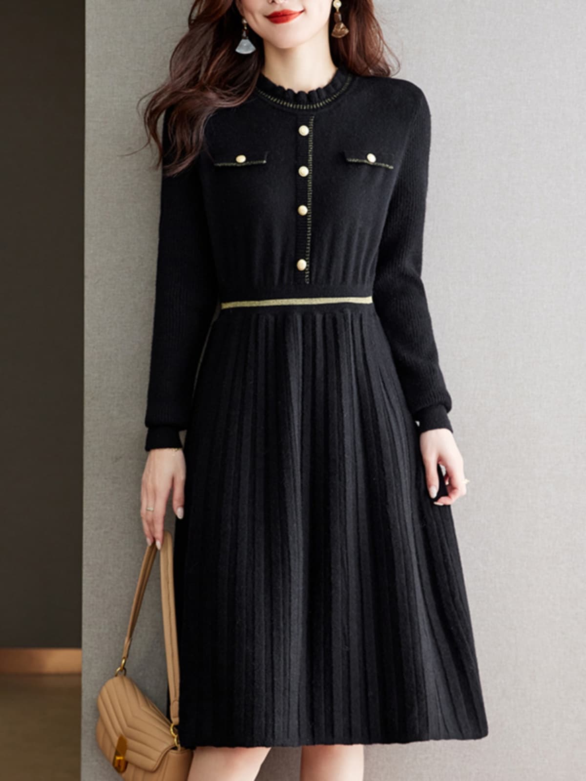 ロングワンピース ニット 上品プリーツ切替ニットワンピース