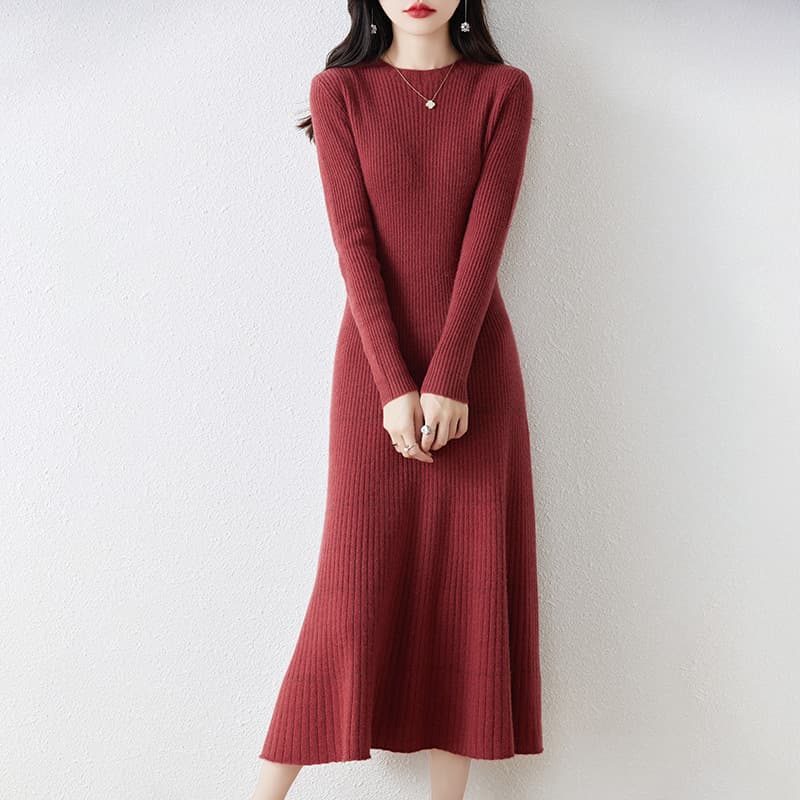 ロングワンピース リブ編みすっきりシルエットワンピース