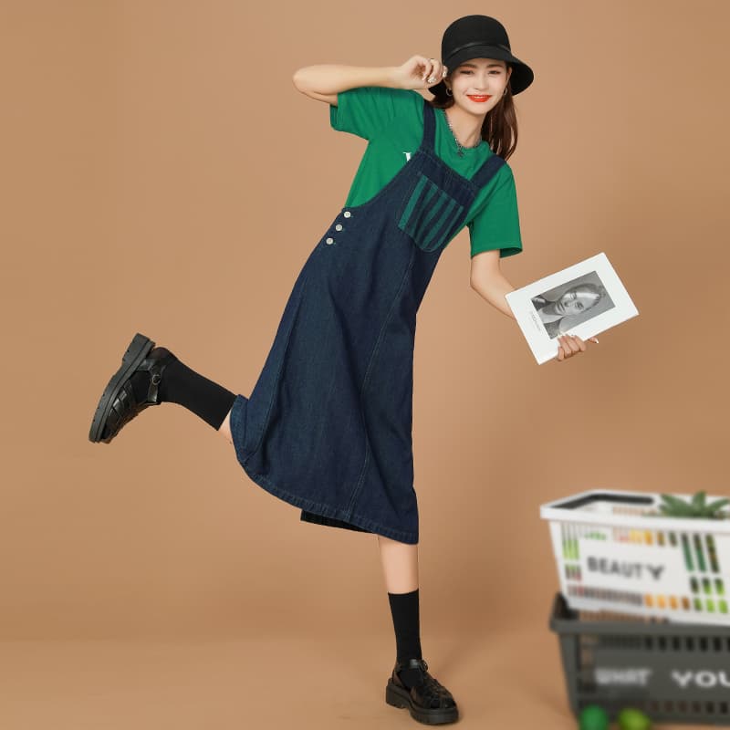 ロングワンピース デニム ゆったりシルエットサロペットワンピース