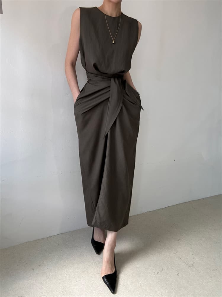 ロングワンピース 結び目デザイン ノースリーブ ロング丈 ワンピース