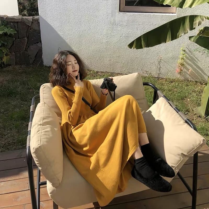 ロングワンピース タートルネック 上品タートルネックニットロングワンピース