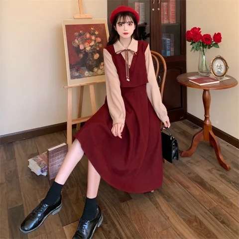 ロングワンピース 花束リボンカラー切替えセーラーワンピース