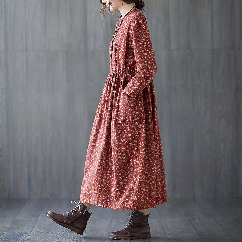 ロングワンピース 小花柄ギャザー入りマキシワンピース