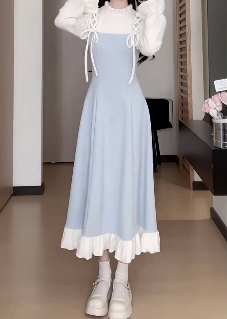 ロングワンピース 姫系リボンレース飾り付きティアードワンピース