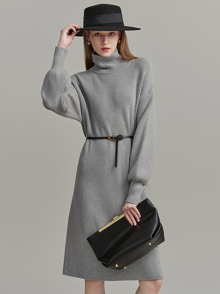 ロングワンピース タートルネック リブ編みウエストマークタートルニットワンピース