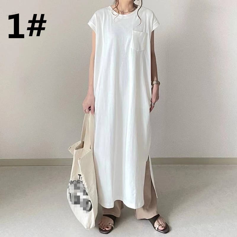 スウェット素材ロングワンピース 半袖丸首 体型カバー 上品