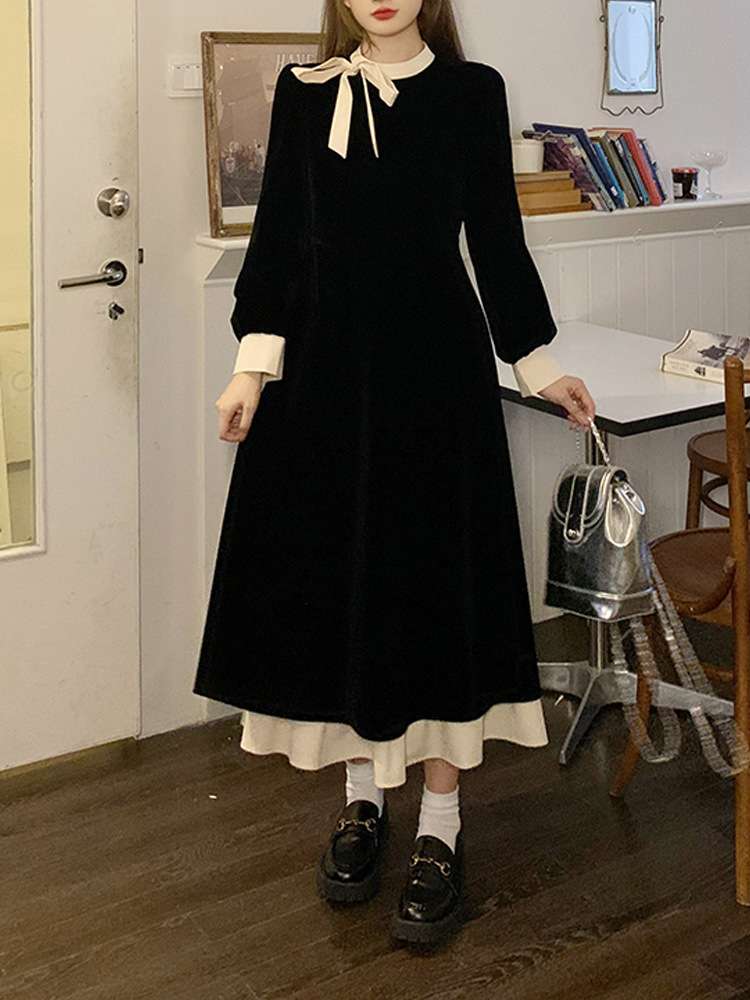 ロングワンピース レトロリボンベルベットミディアムワンピース